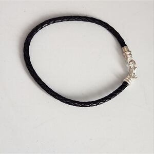 Black Braided Leather Bracelet 925 Silver
